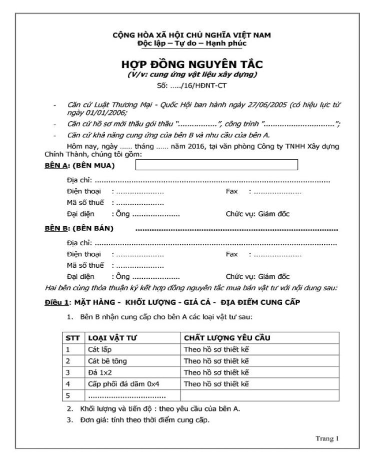 Mẫu hợp đồng nguy&ecirc;n tắc mua b&aacute;n vật tư 1