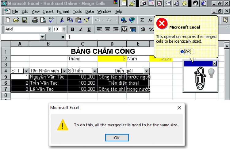 Những trường hợp cần thiết để sử dụng ph&iacute;m tắt Merge Cell