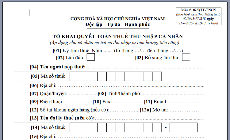 hồ sơ quyết to&aacute;n thuế thu nhập c&aacute; nh&acirc;n