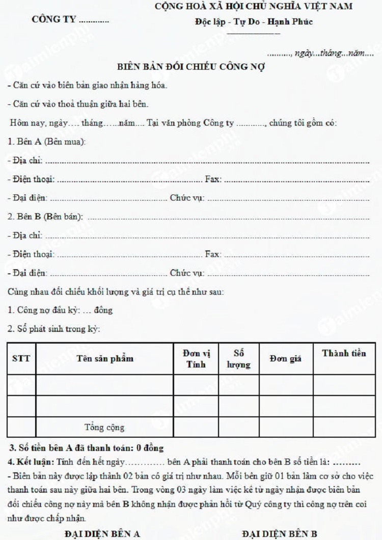 mẫu bi&ecirc;n bản đối chiếu c&ocirc;ng nợ