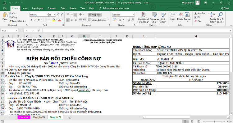 mẫu bi&ecirc;n bản đối chiếu c&ocirc;ng nợ tự động tr&ecirc;n excel