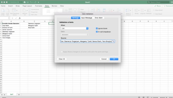 Tạo danh s&aacute;ch thả xuống trong Excel bằng c&aacute;ch nhập thủ c&ocirc;ng c&aacute;c mục