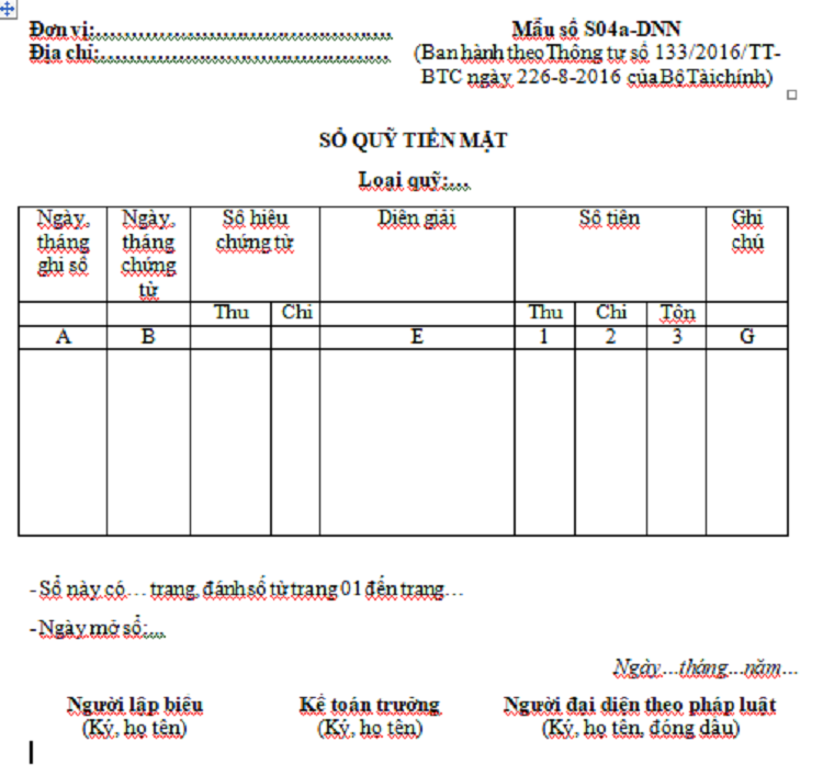 mẫu sổ quỹ tiền mặt th&ocirc;ng tư 133