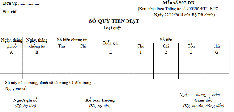 mẫu sổ quỹ tiền mặt