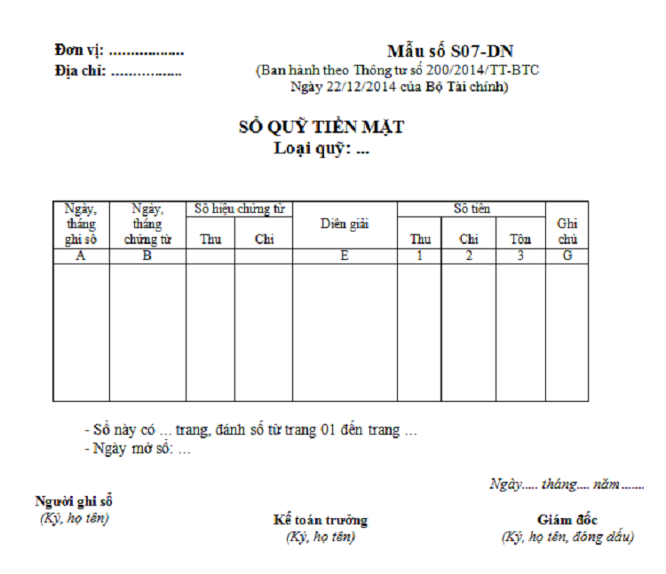 mẫu sổ quỹ tiền mặt th&ocirc;ng tư 200