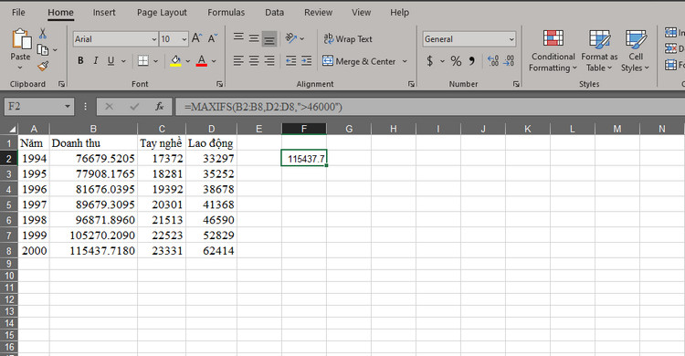 H&agrave;m MAX c&oacute; điều kiện trong Excel 2