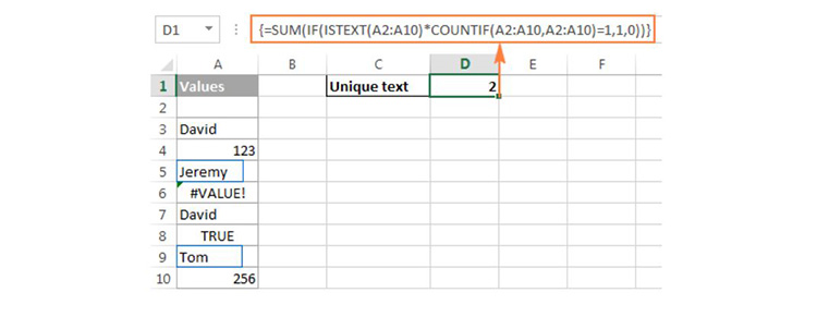 Đếm c&aacute;c gi&aacute; trị duy nhất dạng văn bản trong Excel