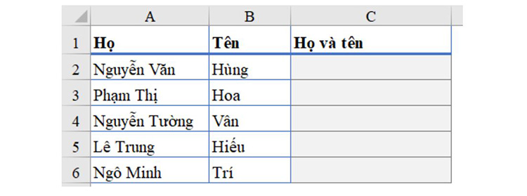 V&iacute; dụ 1: D&ugrave;ng h&agrave;m nối chuỗi để nối gi&aacute; trị trong 2 cột họ v&agrave; t&ecirc;n ri&ecirc;ng lẻ th&agrave;nh 1 cột duy nhất