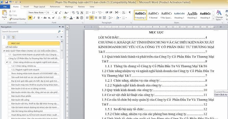 C&aacute;ch tạo mục lục trong word 2010
