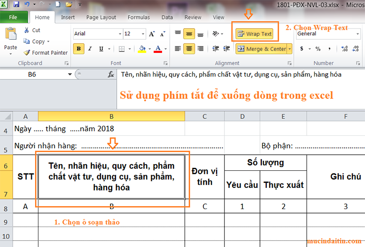 xuống d&ograve;ng trong &ocirc; excel 