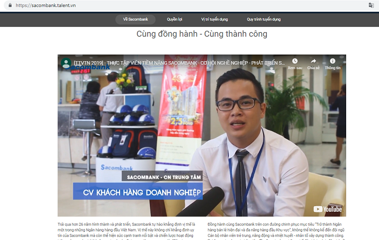 Trang tuyển dụng Sacombank li&ecirc;n kết với Youtube để tự động ph&aacute;t video phỏng vấn nh&acirc;n vi&ecirc;n
