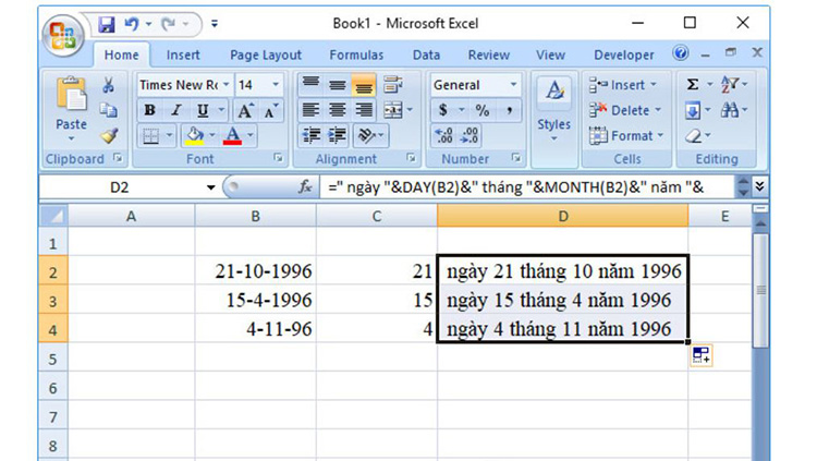 Chuyển ng&agrave;y, th&aacute;ng, năm từ số sang chữ Excel