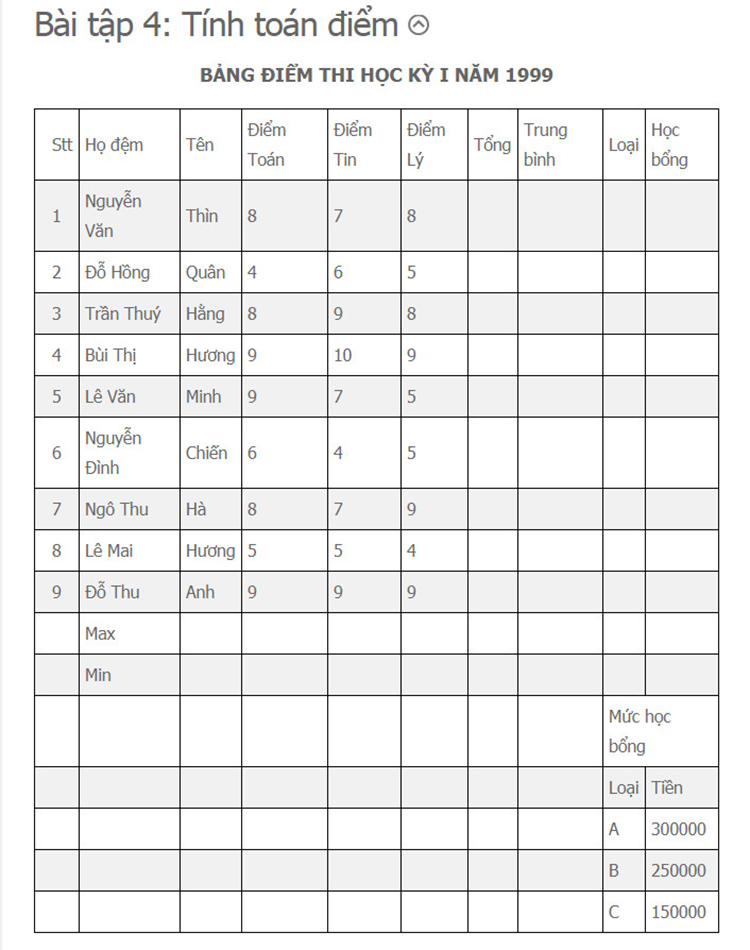 B&agrave;i tập excel n&acirc;ng cao 4