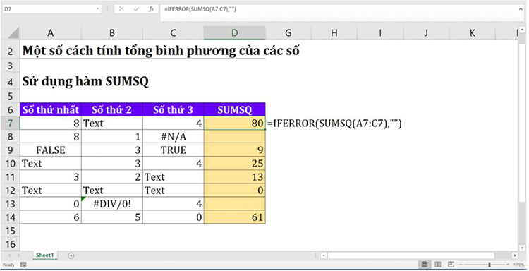 Sử dụng h&agrave;m SUMSQ