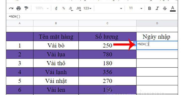 Ch&egrave;n ng&agrave;y, thời gian v&agrave;o Google Sheets bằng h&agrave;m NOW