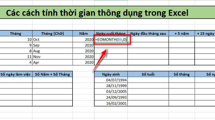 Tính ngày cuối tháng, đầu tháng sau
