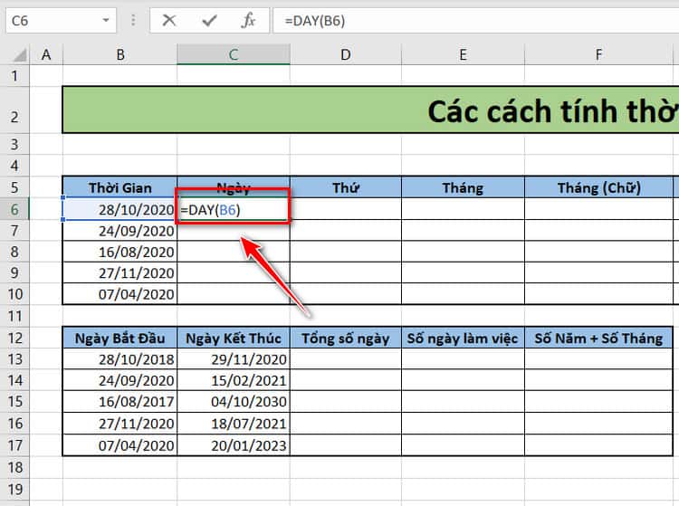 Tính thứ, ngày, tháng, năm trong Excel