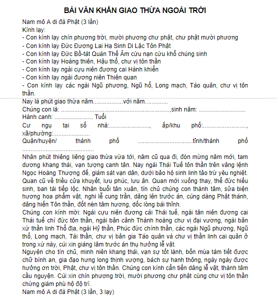 Văn khấn giao thừa ngo&agrave;i trời