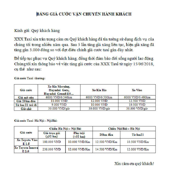 Bảng gi&aacute; vận tải