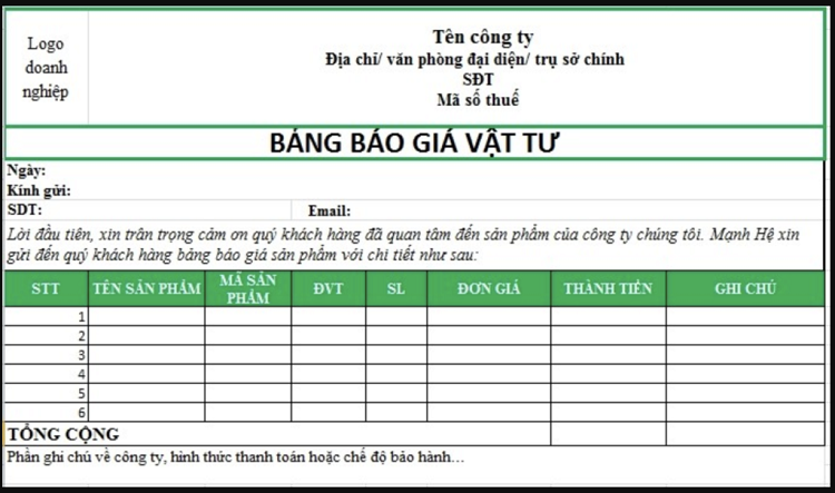 Form b&aacute;o gi&aacute; th&ocirc;ng dụng
