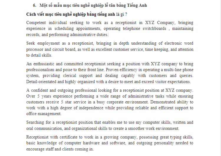  Một số mẫu mục ti&ecirc;u nghề nghiệp lễ t&acirc;n bằng Tiếng Anh