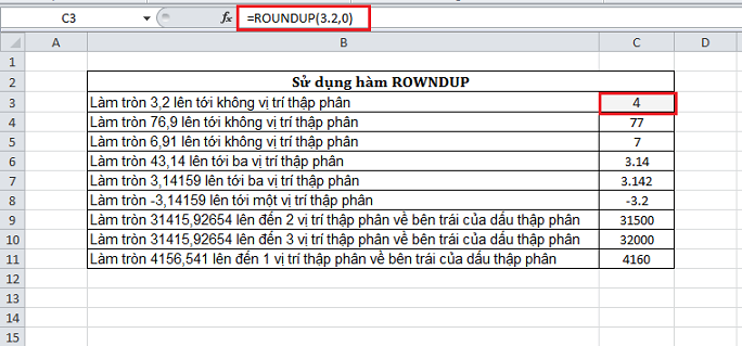 L&agrave;m tr&ograve;n l&ecirc;n trong Excel bằng H&agrave;m ROUNDUP