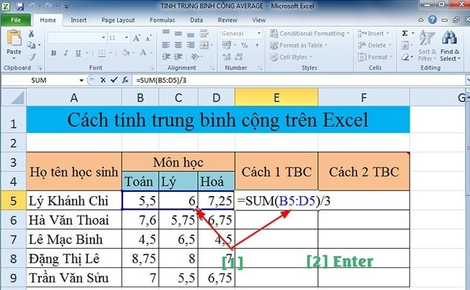 V&iacute; dụ h&agrave;m trung b&igrave;nh cộng trong Excel