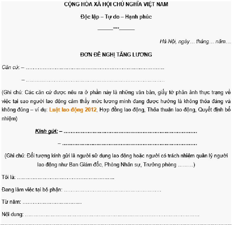 đơn đề nghị tăng lương