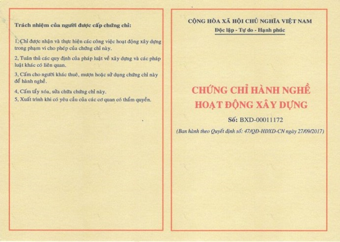Mẫu chứng chỉ hành nghề hoạt động xây dựng