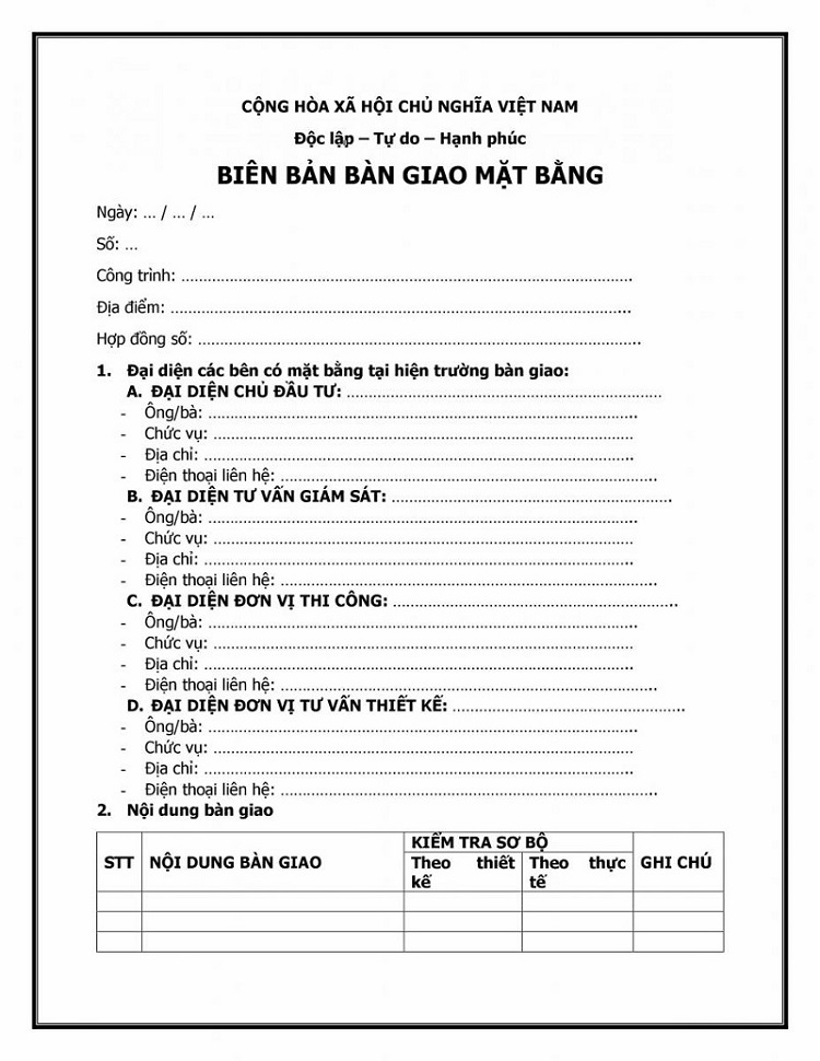 lưu &yacute; khi viết mẫu bi&ecirc;n bản b&agrave;n giao mặt bằng ng&agrave;nh x&acirc;y dựng