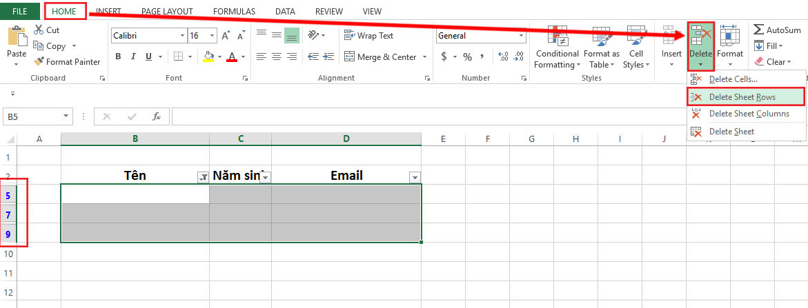 C&aacute;ch x&oacute;a h&agrave;ng trống trong Excel