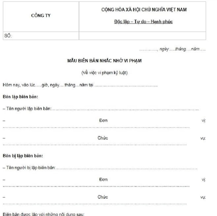 Biên bản kỷ luật nhân viên tại chỗ