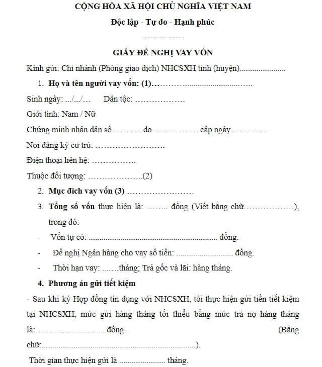 Mẫu đơn xin vay vốn ngân hàng của sinh viên