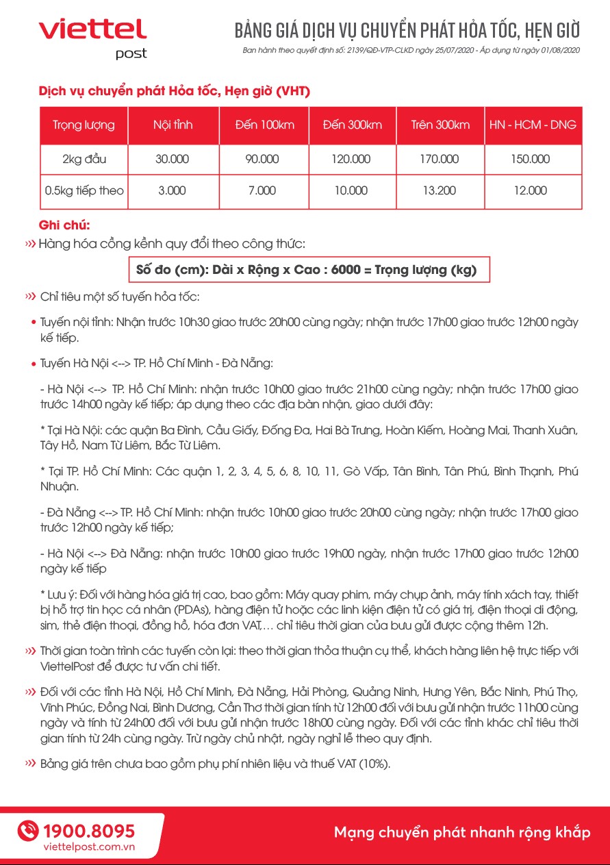 Bảng gi&aacute; cước dịch vụ chuyển ph&aacute;t hỏa tốc