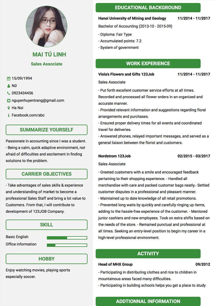 mẫu cv tiếng anh