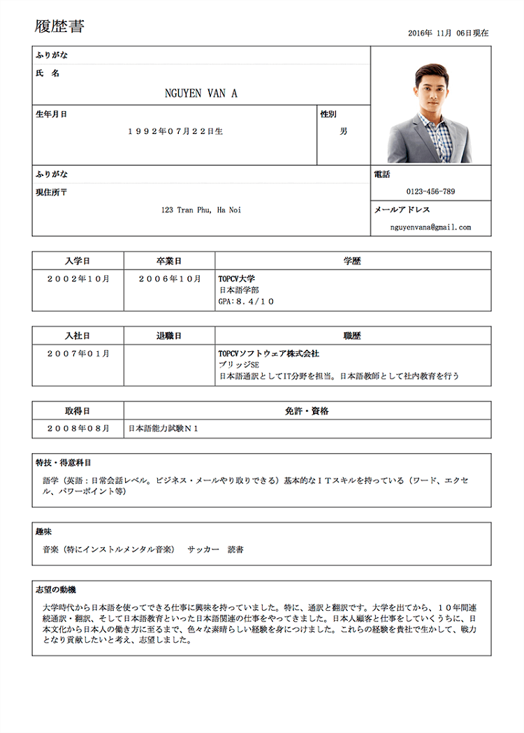 Mẫu CV tiếng Nhật chuẩn