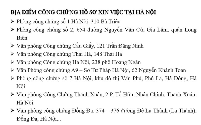 Một số địa điểm c&ocirc;ng chứng tại H&agrave; Nội
