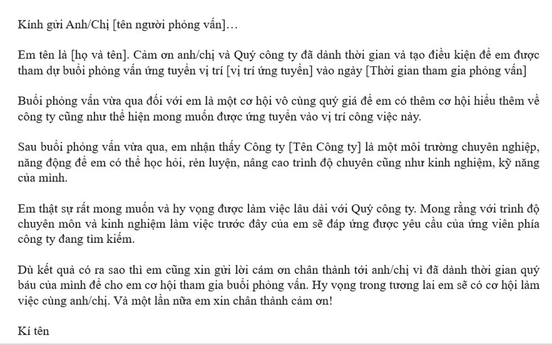 Mẫu thư cảm ơn sau phỏng vấn tiếng Việt số 01