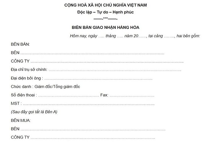Mẫu biên bản giao nhận hàng hóa vận chuyển