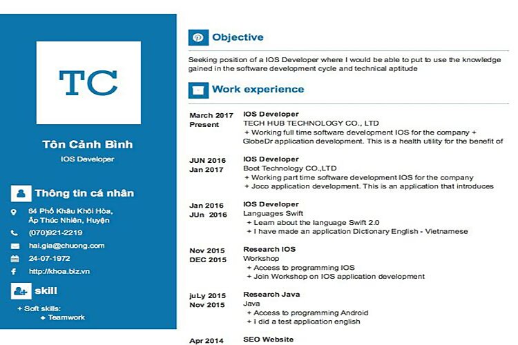 Mẫu CV iOS Developer tiếng Anh chuẩn