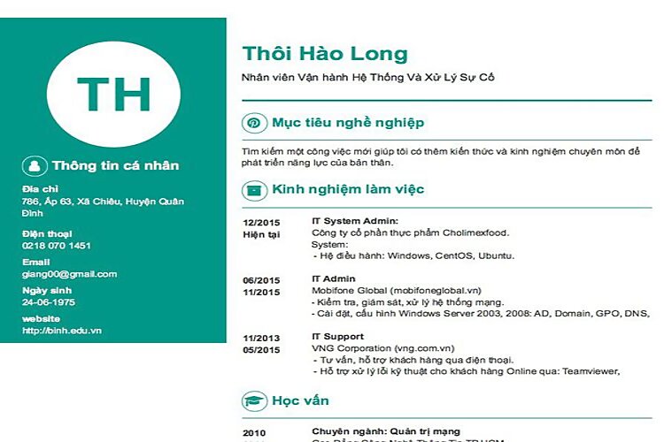 Mẫu CV Chuy&ecirc;n vi&ecirc;n triển khai v&agrave; vận h&agrave;nh hệ thống